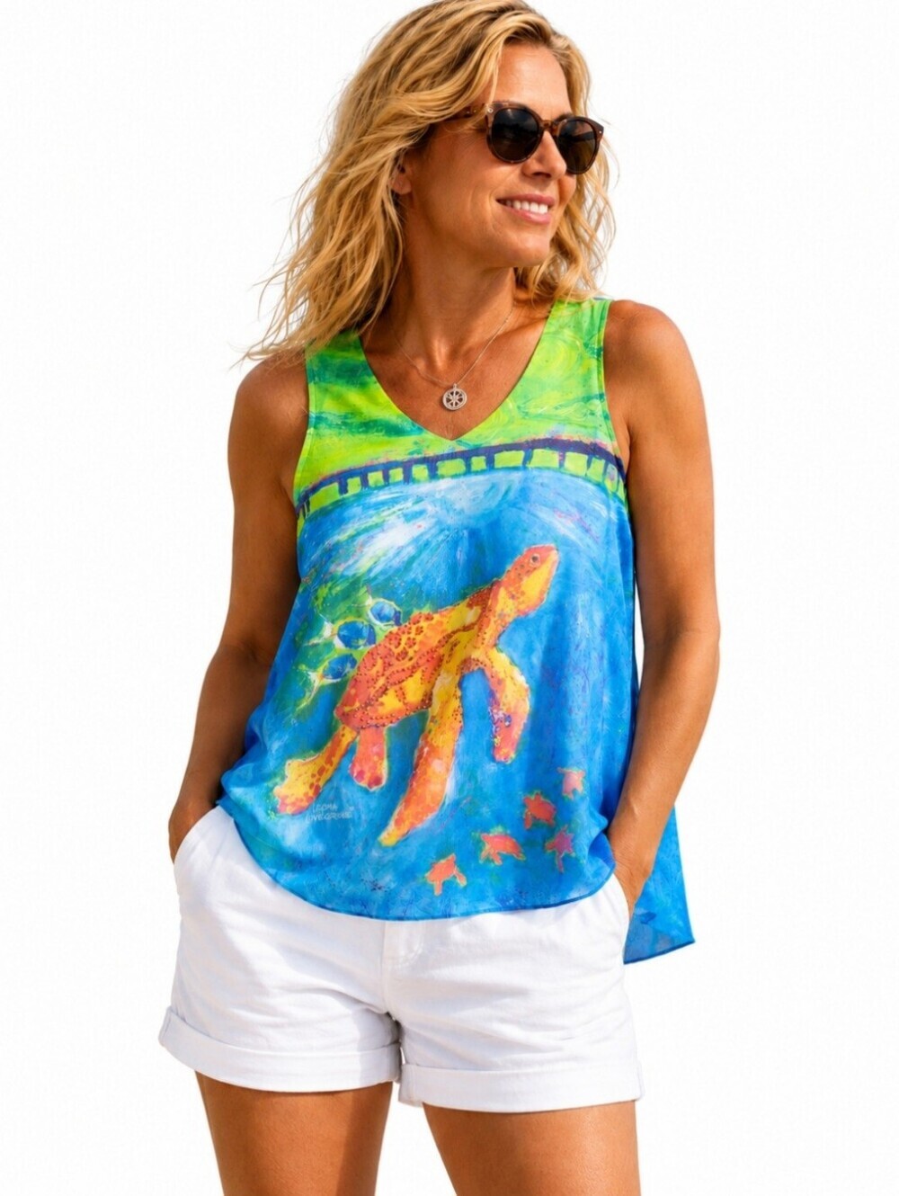Leoma Lovegrove Sea Turtle Tank Top Size XL Tropical Art Bling Overlay Tunic